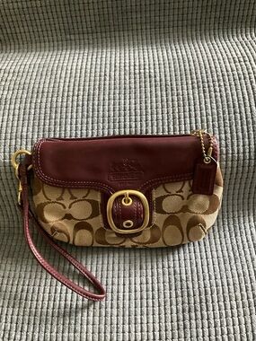 Coach Khaki Signature Canvas Wristlet with Burgundy Leather Trim